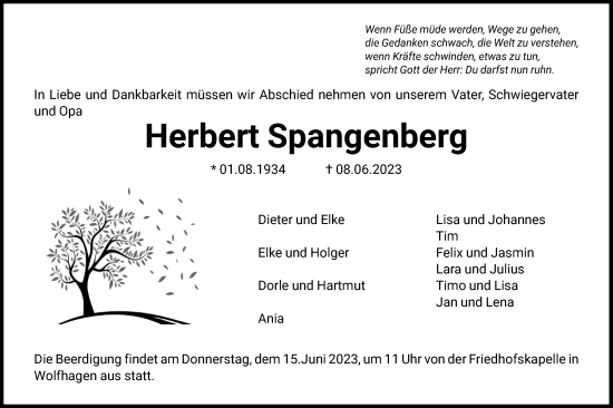 Todesanzeige von Herbert Spangenberg von HNA