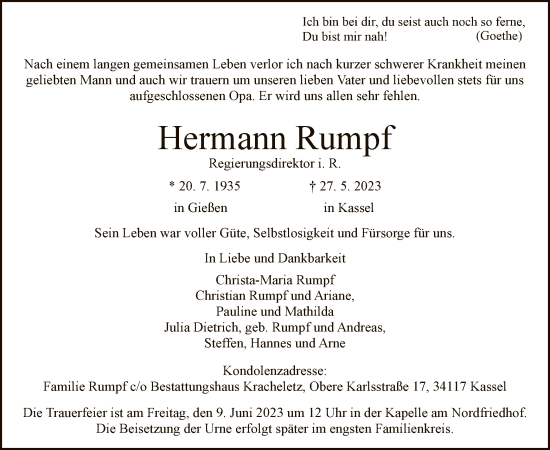 Todesanzeige von Hermann Rumpf von HNA