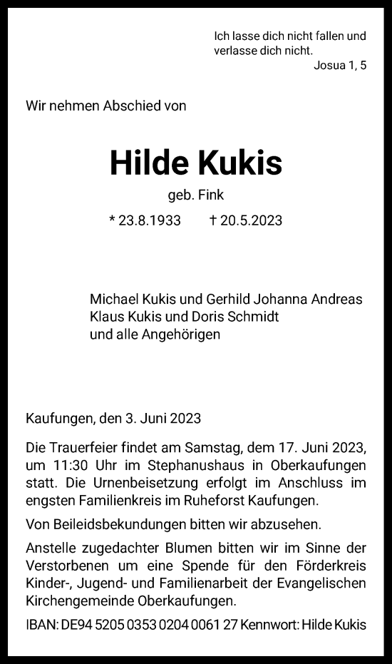 Todesanzeige von Hilde Kukis von HNA