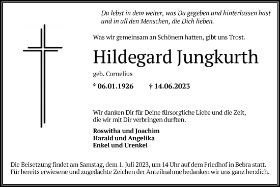 Todesanzeige von Hildegard Jungkurth von HNA