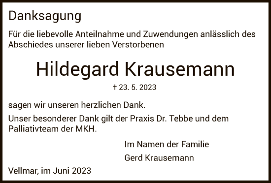 Todesanzeige von Hildegard Krausemann von HNA