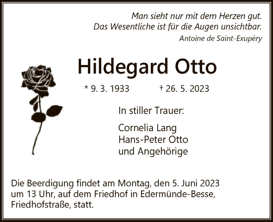Todesanzeige von Hildegard Otto von HNA