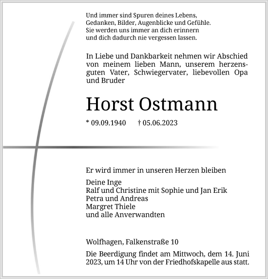 Todesanzeige von Horst Ostmann von HNA
