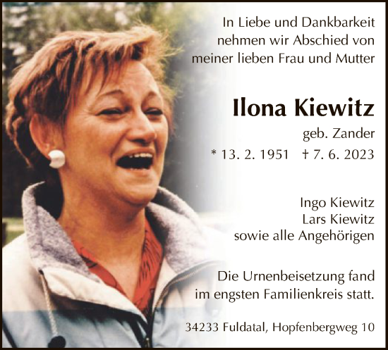 Todesanzeige von Ilona Kiewitz von HNA