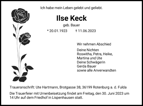 Todesanzeige von Ilse Keck von HNA