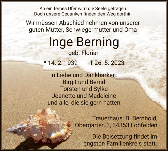Todesanzeige von Inge Berning von HNA