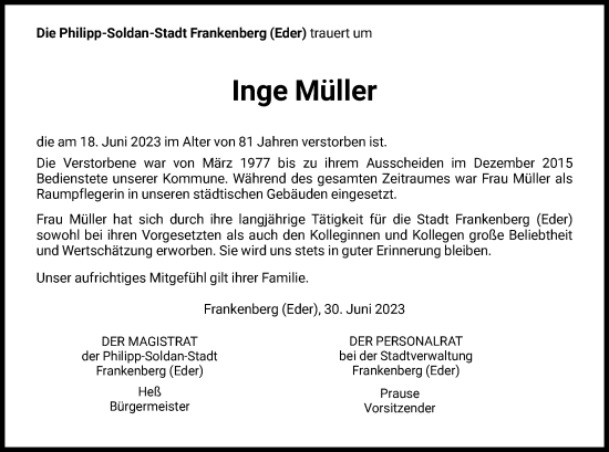 Todesanzeige von Inge Müller von HNA