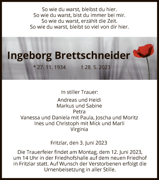 Todesanzeige von Ingeborg Brettschneider von HNA