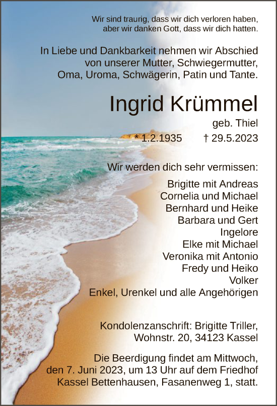 Todesanzeige von Ingrid Krümmel von HNA