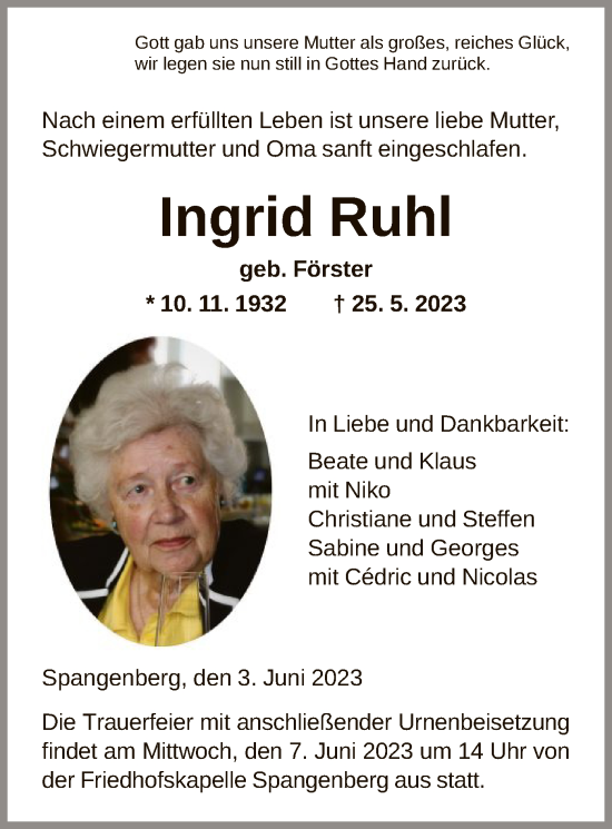 Todesanzeige von Ingrid Ruhl von HNA