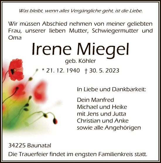 Todesanzeige von Irene Miegel von HNA