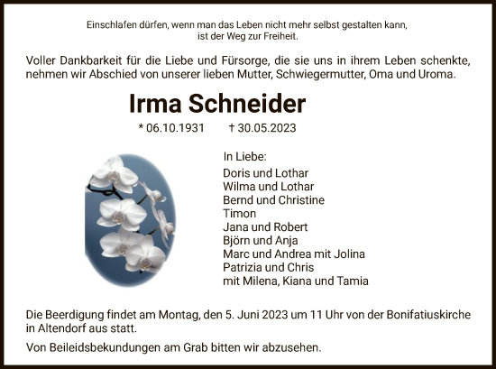 Todesanzeige von Irma Schneider von HNA