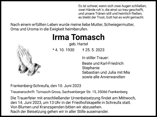 Todesanzeige von Irma Tomasch von HNA