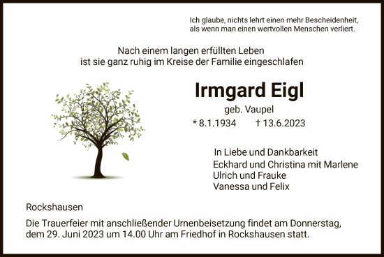 Todesanzeige von Irmgard Eigl von HNA