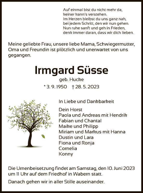 Todesanzeige von Irmgard Süsse von HNA