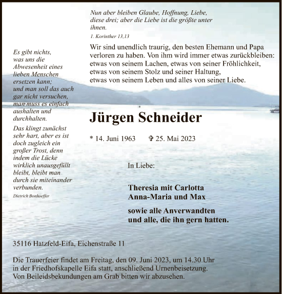 Todesanzeige von Jürgen Schneider von HNA