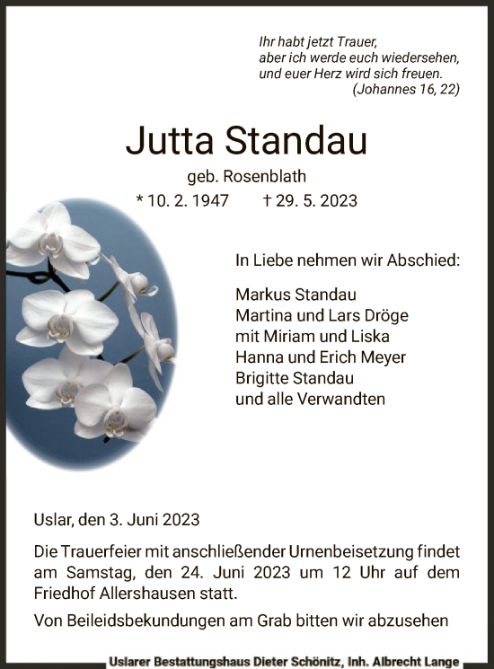 Todesanzeige von Jutta Standau von HNA
