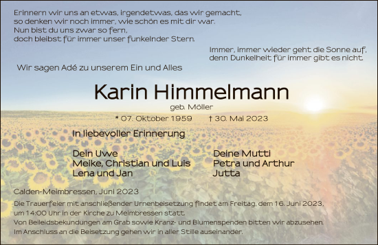 Todesanzeige von Karin Himmelmann von HNA