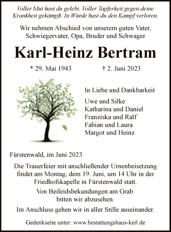 Todesanzeige von Karl-Heinz Bertram von HNA