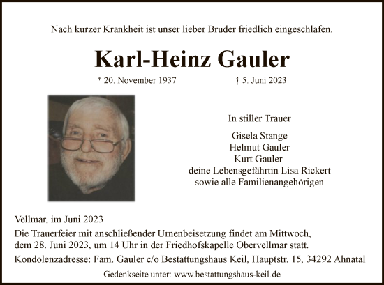Todesanzeige von Karl-Heinz Gauler von HNA