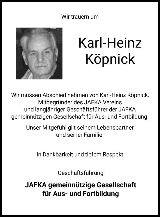 Todesanzeige von Karl-Heinz Köpnick von HNA