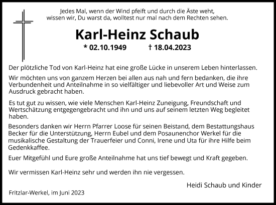 Todesanzeige von Karl-Heinz Schaub von HNA