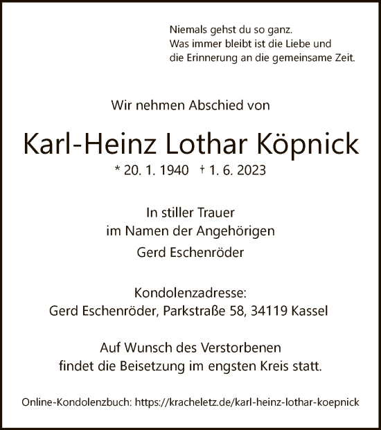 Todesanzeige von Karl-Heinz Lothar Köpnick von HNA