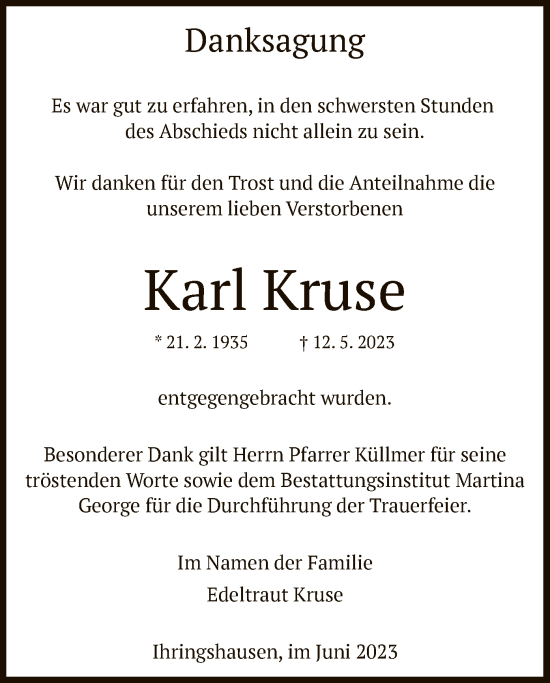 Todesanzeige von Karl Kruse von HNA