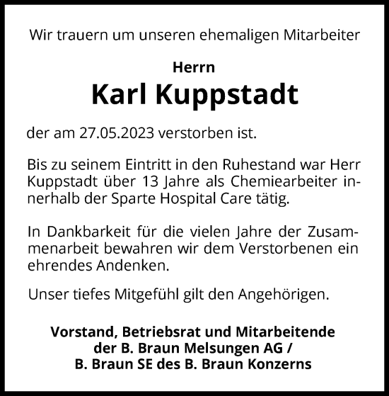 Todesanzeige von Karl Kuppstadt von HNA