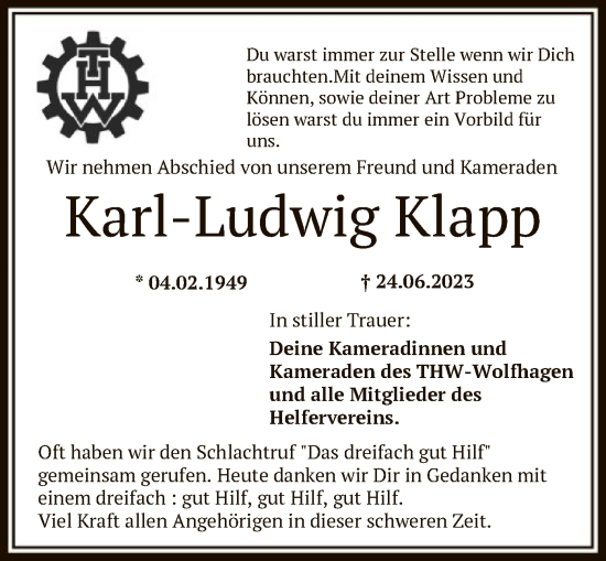 Todesanzeige von Karl-Ludwig Klapp von HNA