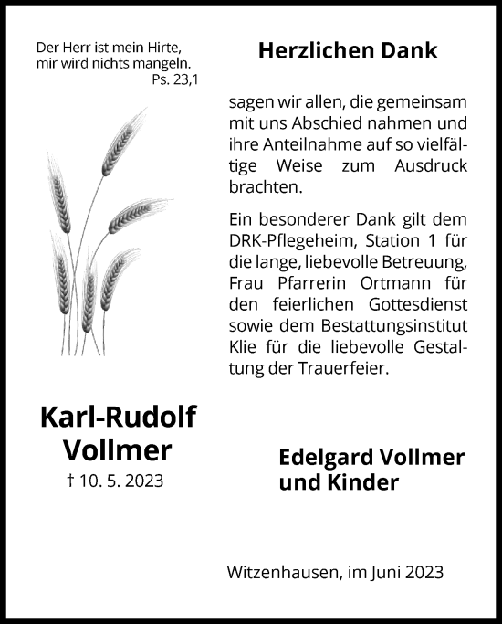 Todesanzeige von Karl-Rudolf Vollmer von HNA