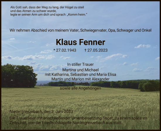 Todesanzeige von Klaus Fenner von HNA
