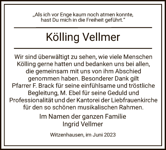 Todesanzeige von Kölling Vellmer von HNA