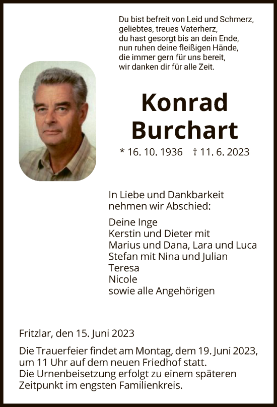 Todesanzeige von Konrad Burchart von HNA