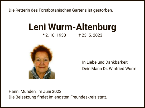 Todesanzeige von Leni Wurm-Altenburg von HNA