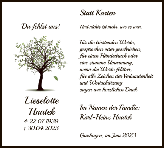 Todesanzeige von Lieselotte Hnatek von HNA