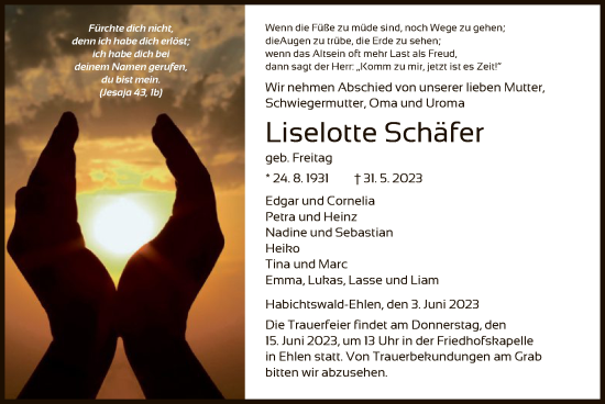 Todesanzeige von Liselotte Schärer von HNA