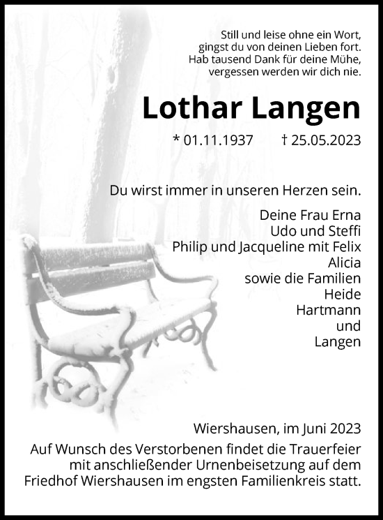 Todesanzeige von Lothar Langen von HNA