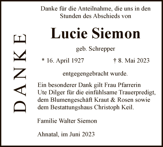 Todesanzeige von Lucie Siemon von HNA