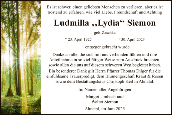 Todesanzeige von Ludmilla Siemon von HNA