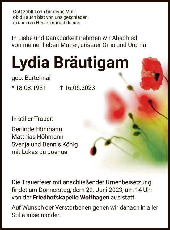 Todesanzeige von Lydia Bräutigam von HNA