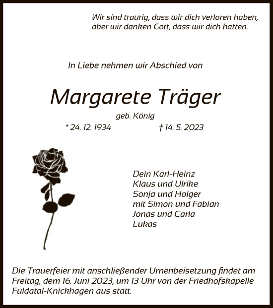 Todesanzeige von Margarete Träger von HNA