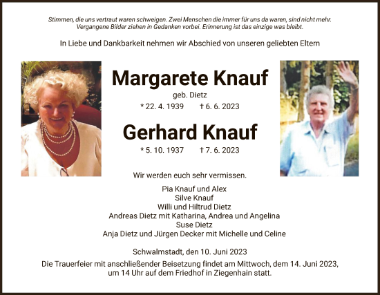 Todesanzeige von Margarete und Gerhard Knauf von HNA