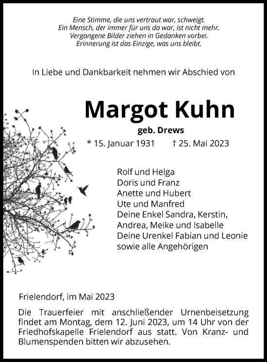 Todesanzeige von Margot Kuhn von HNA