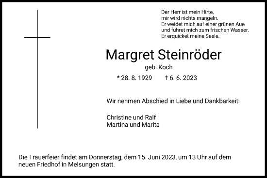 Todesanzeige von Margret Steinröder von HNA