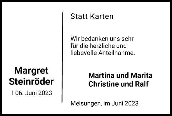 Todesanzeige von Margret Steinröder von HNA