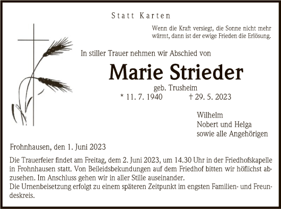 Todesanzeige von Marie Strieder von HNA