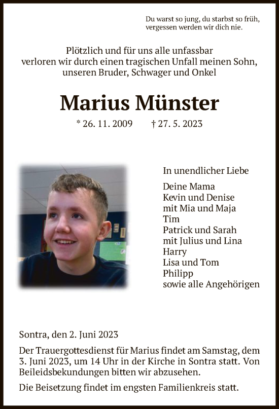 Todesanzeige von Marius Münster von WRS