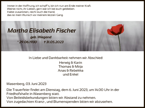Todesanzeige von Martha Elisabeth Fischer von HNA