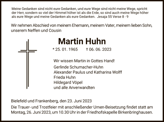 Todesanzeige von Martin Huhn von HNA